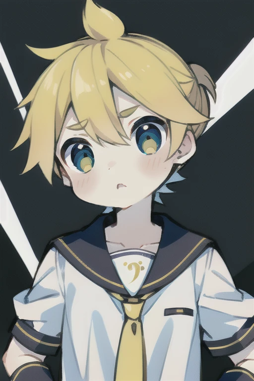 Highest quality, (high quality),eye highlights,arms are thin, thin body,own hands together,face,from front,(portrait),((very short hair)),look at viewer,droopy eyes,shy,Pouting mouth,open your mouth and laugh,(((chilled boy))), (1 boy),kagamine len,yellow hair, spiked_hair,ponytail,black_sailor_collar, arm_warmers, white_shirt, necktie, yellow_necktie, sailor_collar, male_focus, short_sleeve,illustration,anime style,