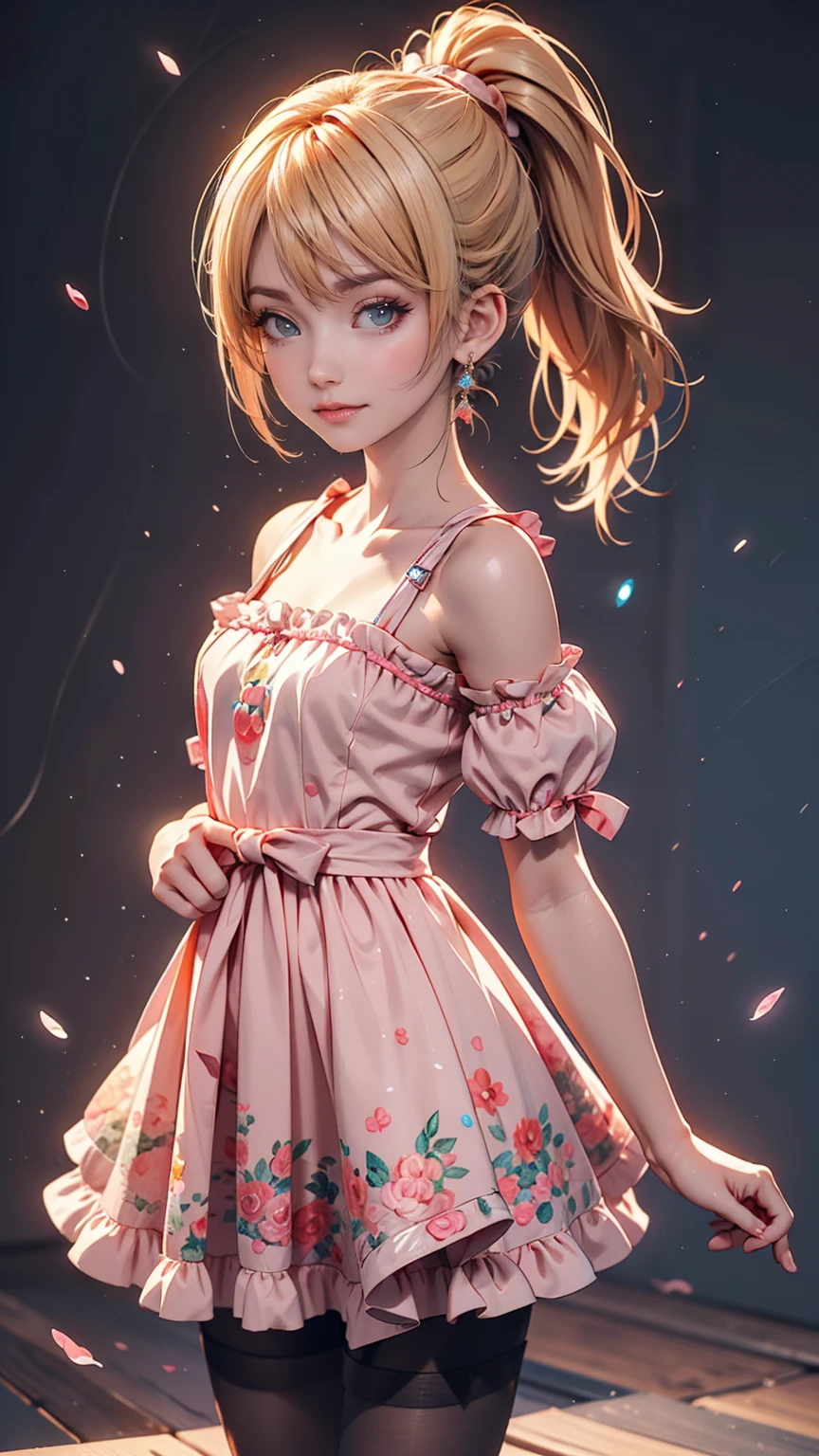 Drawing of a girl in a ponytail and dress, cute 3d rendering, cute detailed digital art, mini cute girl, cute digital painting, 3D rendering style, cute digital art, cute rendering 3d anime girl, Small Curvy Loli, cute! C4D, One character's whole body, Standing on a white pedestal