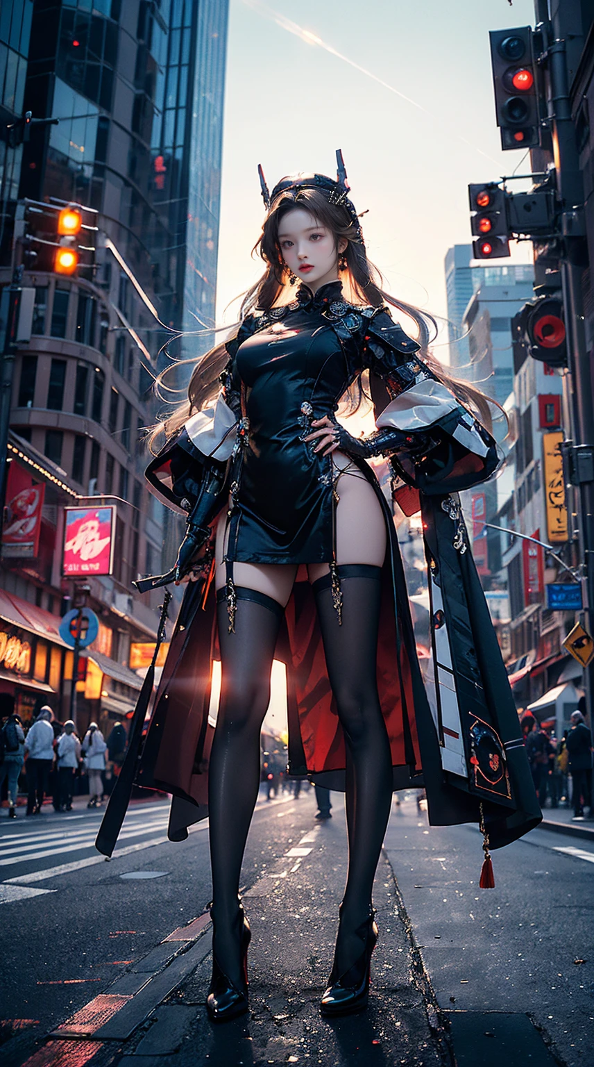 Masterpiece, best quality, high resolution, one woman, from below, very thin and straight legs, very long legs, straight legs, high heels, long legs, perfect body with perfect legs, front view showing long legs, perfect body, exterior, telegraph slang, dynamic pose, exquisite eyes, brown eyes, eye shadow, wearing makeup, long blonde hair, detailed face, detailed eyes, looking at viewer, blusher (wearing makeup), plump lips, red lips, long gray hair (1.3), mechanically static, summon mech, headdress (1.1), headgear, dressed like a student in , black lace stockings, stocking suspenders, city, luminous winding, with a gun in hand, weapon, completely mechanical and futuristic elements, technology, background is modern New York City streets with cars passing by, sky, slim (1.2), dramatic lighting, vivid details.