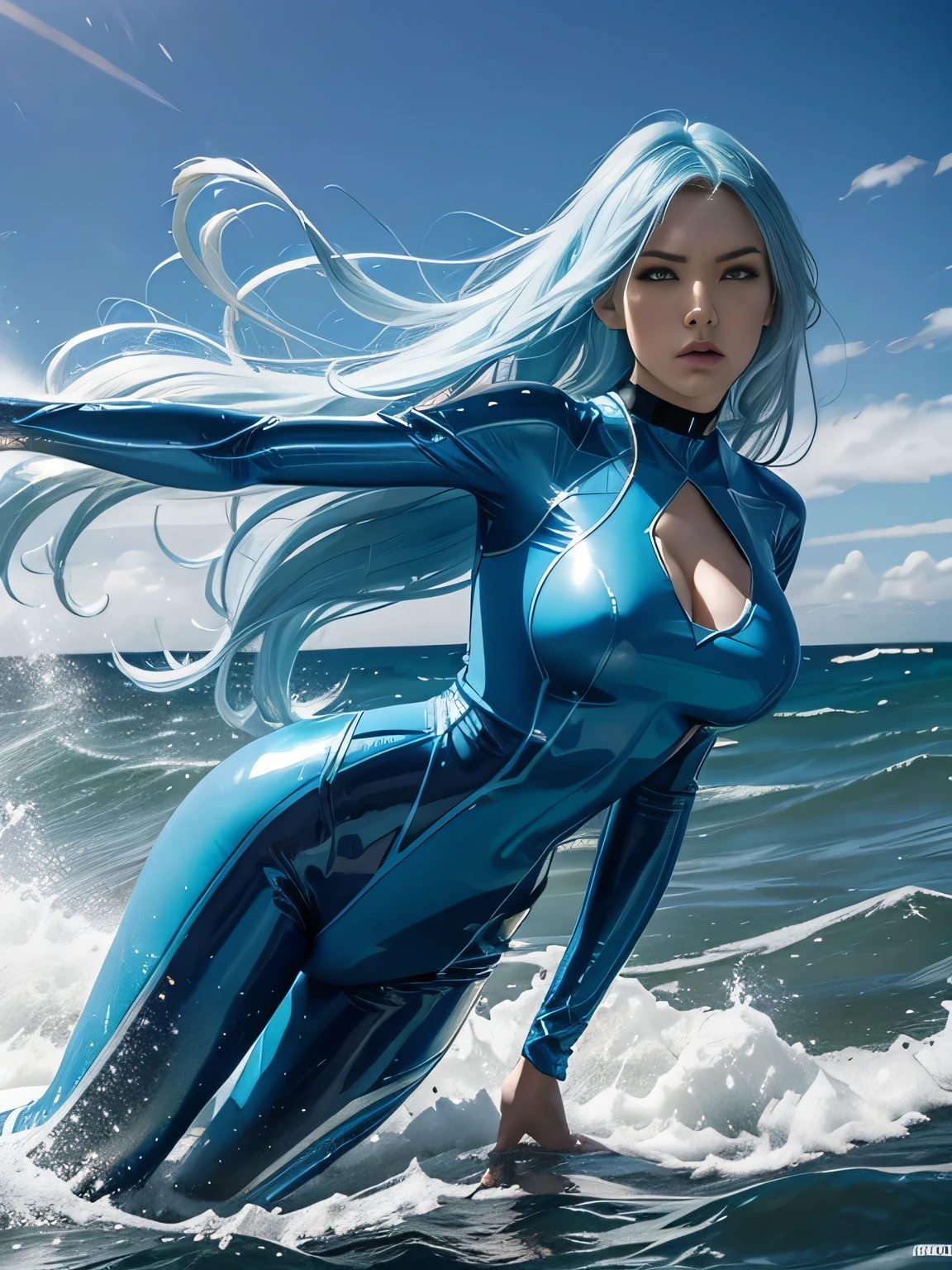 superheroine, long long gorgeous light blue hair, slender body, latex, leotard, blue and white costume, bravery, cool action, fighting pose choker, hair blowing, raging sea behind her, tidal wave is about to hit her, ((looking sideways)), ((worrying about what is behind))