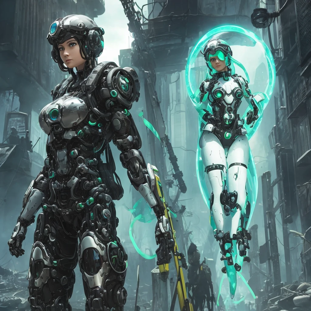 A slime woman, with robotic parts and a halo on his head, in an apocalyptic environment, with a serious but charming look