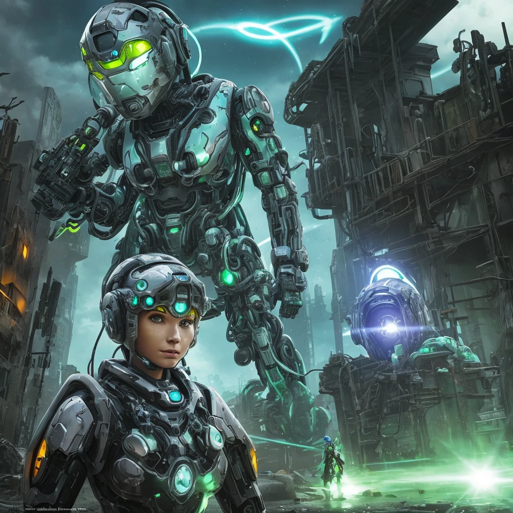 A slime woman, with robotic parts and a halo on his head, in an apocalyptic environment, with a serious but charming look