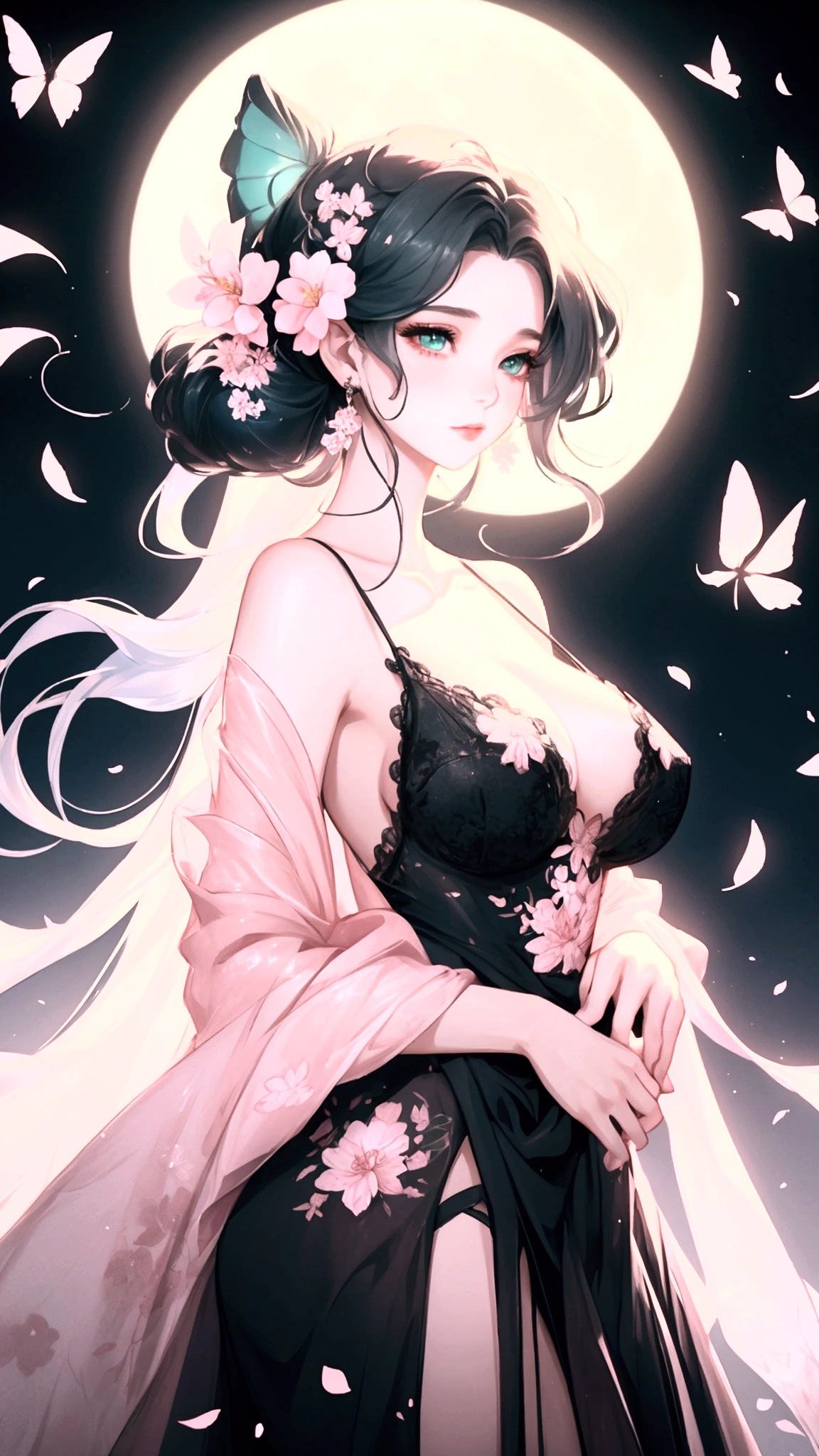 Young woman with pink and green hair with green eyes wears black lingerie , In the background the moon and a large cherry tree 