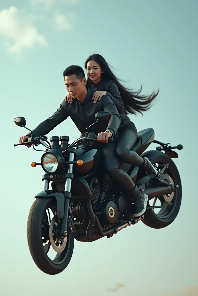 Create a black shopper motorcycle with a tall man and a short woman riding towards the sky