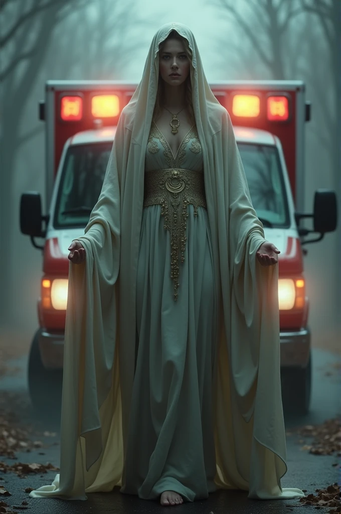 Generates an image of a righteous saint of death with the background of an ambulance