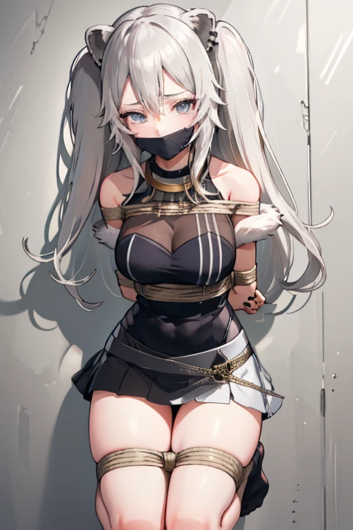 (arms behind back:1.5), bound arms, Red rope, blushing, , gag, gagged, shibari, bondage, close ups, vibrator in pantie, tears, embressed, spread legs, m_legs,,((kneeling, arms behind back, bound arm, bound wrists, bound legs, wrists behind waist, rope bondage, shibari over clothes)),(masterpiece:1.2), best quality,best quality,absurdres, highres, best quality, Botan, black top, fur-trim, oionlion ears, messy hair, skirt, messy hair, grey eyes, grey hair, long hair, black nails, sharp nails, hands behind back,in the jail,jail,masterpiece, best quality, arms behind back, bound, front view, rope, full body, hanging, 1girl, rachelroth, purple,forehead , leotard, (feet off the ground:1.3),