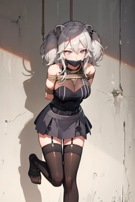 (arms behind back:1.5), bound arms, Red rope, blushing, , gag, gagged, shibari, bondage, close ups, vibrator in pantie, tears, embressed, spread legs, m_legs,,((kneeling, arms behind back, bound arm, bound wrists, bound legs, wrists behind waist, rope bondage, shibari over clothes)),(masterpiece:1.2), best quality,best quality,absurdres, highres, best quality, Botan, black top, fur-trim, oionlion ears, messy hair, skirt, messy hair, grey eyes, grey hair, long hair, black nails, sharp nails, hands behind back,in the jail,jail,masterpiece, best quality, arms behind back, bound, front view, rope, full body, hanging, 1girl, rachelroth, purple,forehead , leotard, (feet off the ground:1.3),