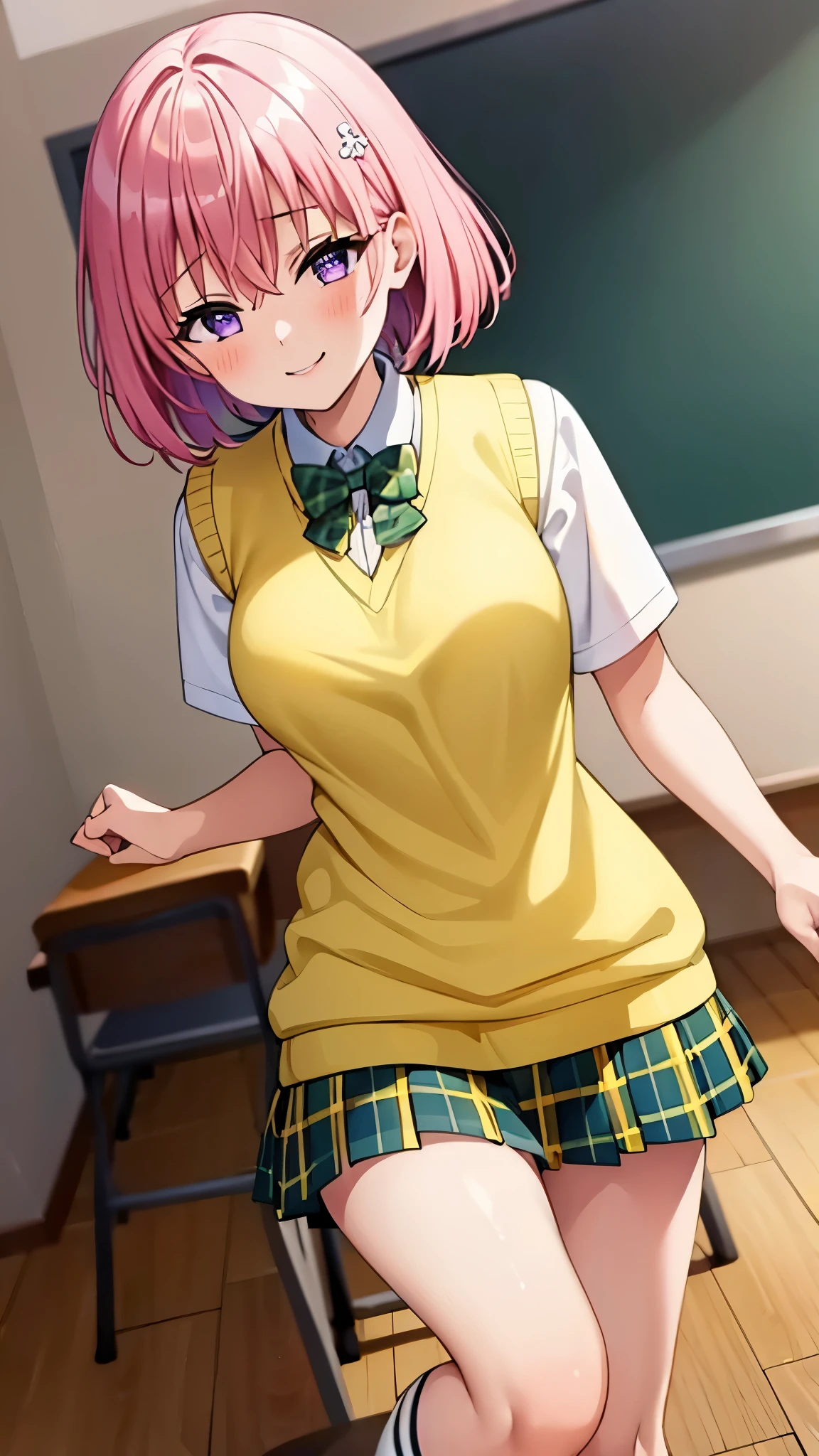 8k,Highest,quality,(highest quality:1.1), (masterpiece:1.4), (Confused:1.0),
1 girl, Momo Deviluke, hair ornaments, Bobcut, Short Hair Pink Hair, Purple eyes, Large Breasts, green skirt, Plaid, Plaid skirt, sainan high school uniform, skirt, Sweater vest, Knee socks, (Yellow Sweater:1.5), Short sleeve,classroom, (blush:1.2), smile,(Perfect Fingers),mesugaki,