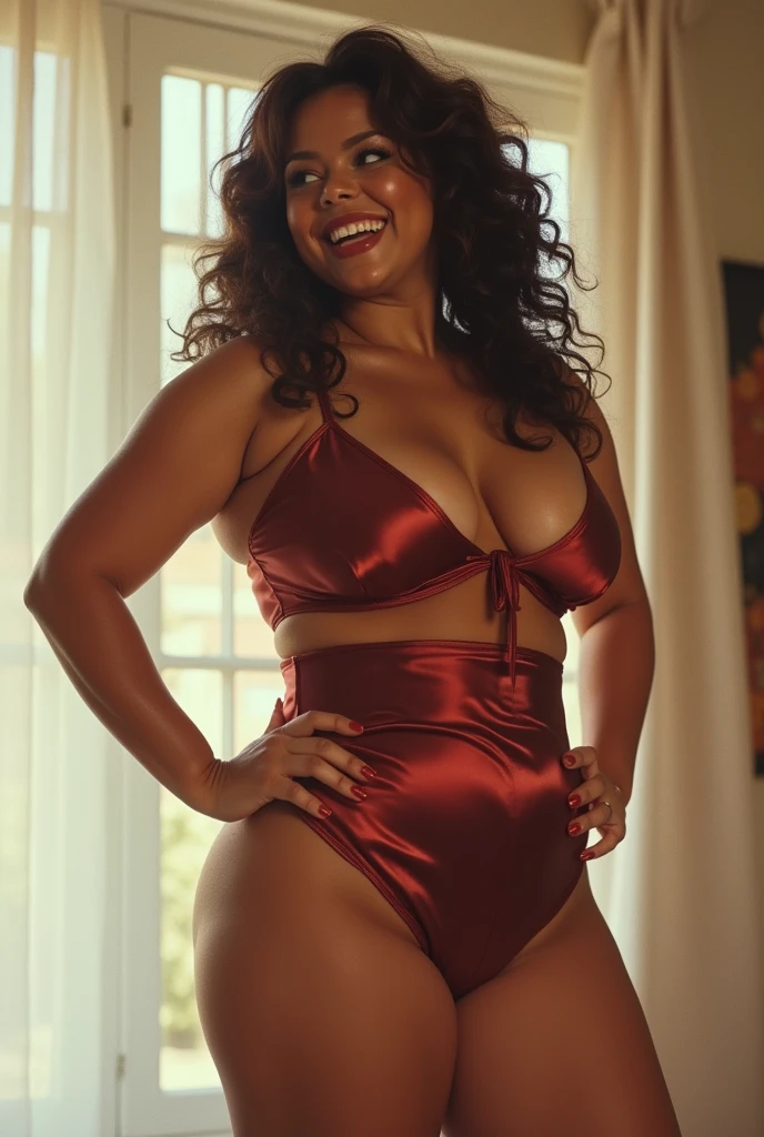 a curvy woman, wearing tight satin outfit, curves, smile, daylight, 1980