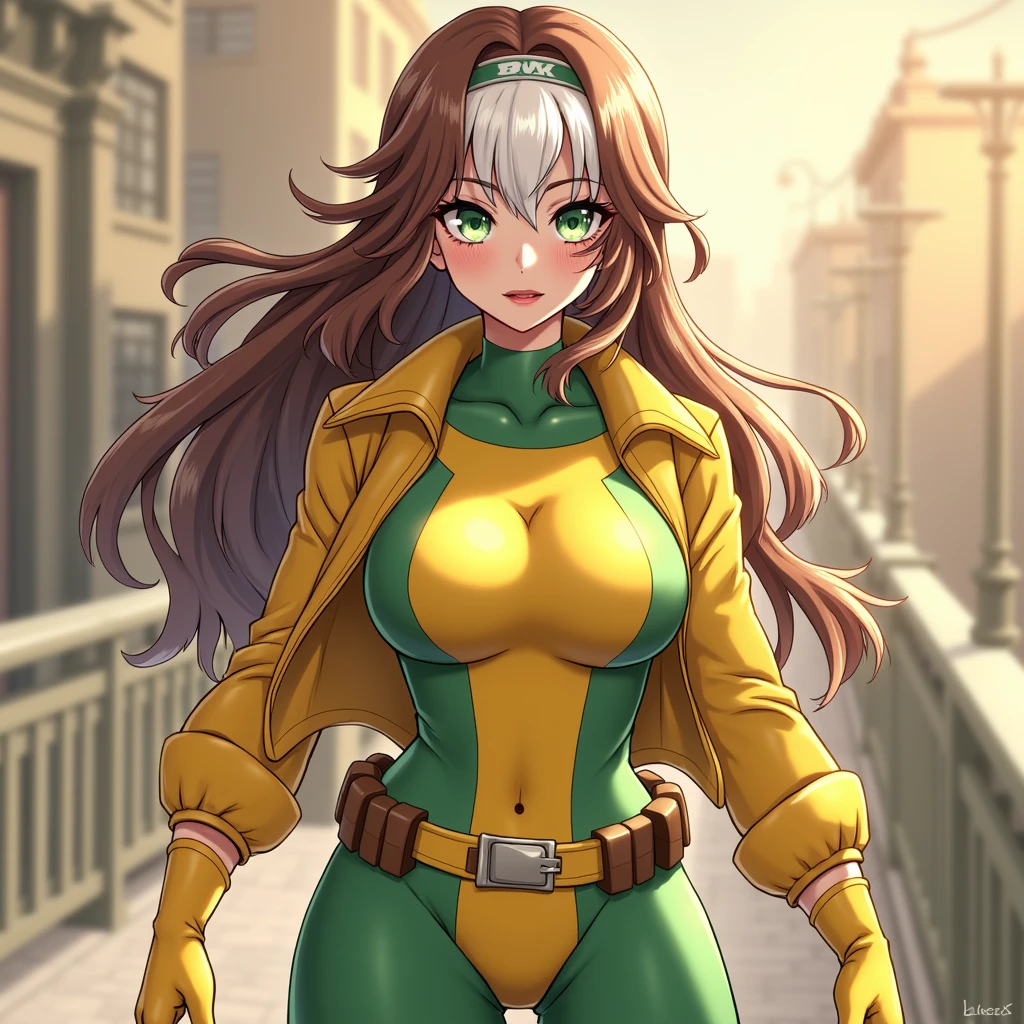 good anatomy, masterpiece, best quality, bokeh, depth of field, highres, high quality, 1girl,
X_MENs_Rogue,ownwaifu,
long hair,breasts,brown hair,green eyes,lipstick,makeup,lips,white hair,two-tone hair,headband,wavy hair,large breasts,messy hair,curly hair,big_hair,
yellow bodysuit,jacket,gloves,belt,yellow gloves,green bodysuit,bodysuit,multicolored bodysuit,superhero, skin tight,multicolored clothes,