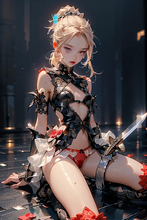 (((masterpiece, Highest quality, Very detailed))), (Female knight of the occult cult), ((((The blade has a digital glitch effect、A sword that seems to rapidly flicker out of reality, Similar to the gravitational lensing effect、There is a slight distortion effect around。, Floating next to her)))), Edward/Victorian inspiration, ((Simple yet beautiful armor)), Fluttery lace flared dress with frilly petticoat, ((((Very detailed顔))), (((Very sharp focused eyes))), Very long eyelashes, Small breasts, (((Flat Chest:1.1))), Occult Aesthetics, (The red and white outfit is detailed and intricate steampunk and gothic), Intricate lace boots，topless，String panties，A Sword with a Self，A beautiful sword adorned with flames，Crawl on all fours and look across，Spread your legs，Sweat，Peeing，Mesh panties、Flesh-colored panties