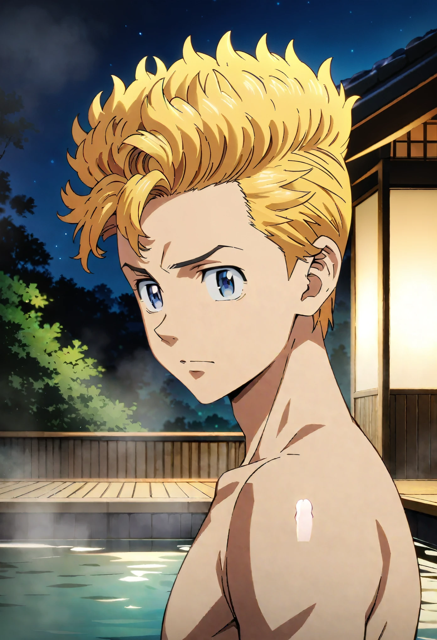 masterpiece, best quality, high quality, 1male, solo ,tomichi_hanagaki, male_focus, blond, blue eyes, feeling shy, fully naked, frontal, during night in the onsen, full body, male genitals, small-size penis, handsome, detailed face, eyes and hands without errors, anime style, best quality, high detail, unity 8k wallpaper, high resolution, vivid colors, detailed high quality background, pene pequeño, detalle nítido, extremadamente detallado, Intrincado, Alta resolución, ************, noche, desnudo, ultra-detailed, standing, faux hawk