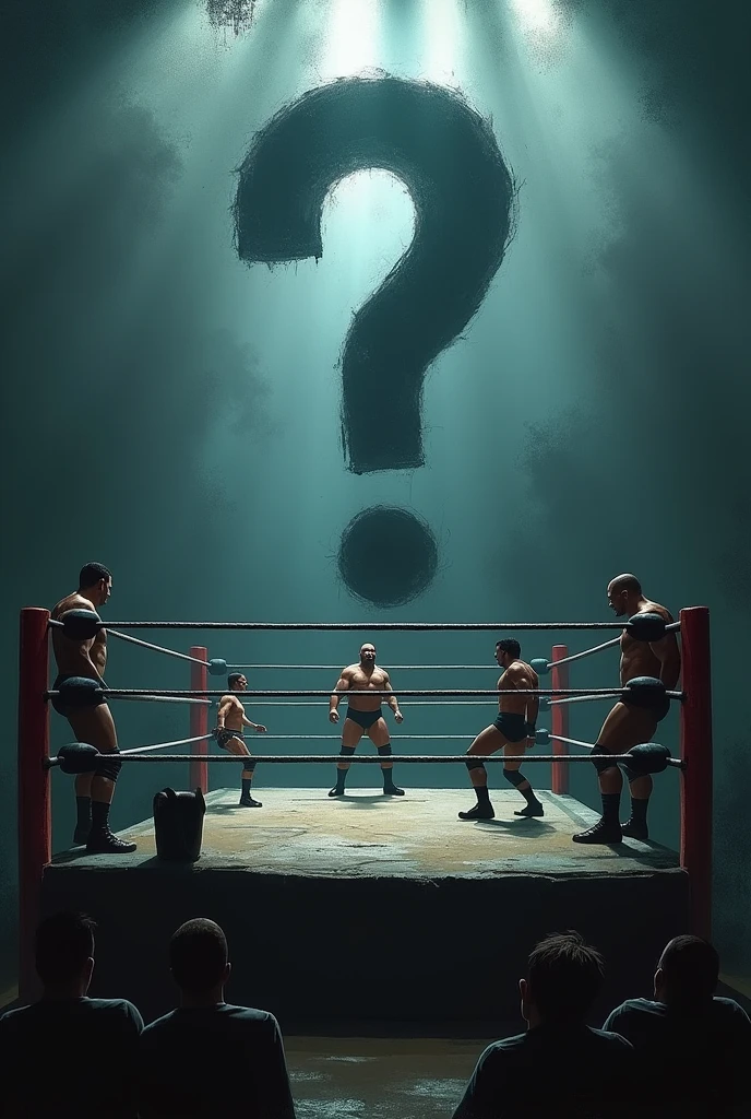 A wrestling ring with a question mark