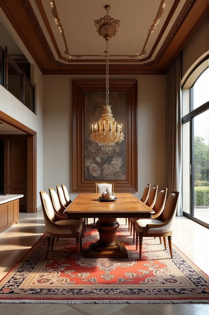 Professional 3d architecture rendering design of modern and French design for living room and dining room with so elegant wooden with gold dining table and eight  elegant French chairs and silk Persian carpet 