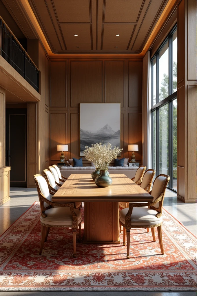 Professional 3d architecture rendering design of modern and French design for living room and dining room with so elegant wooden with gold dining table and eight elegant French chairs and silk Persian carpet