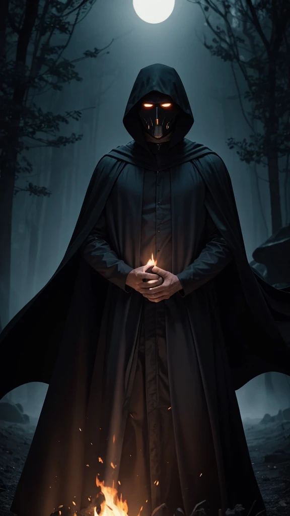 Make me a picture of a black-robed horseman coming out of the darkness