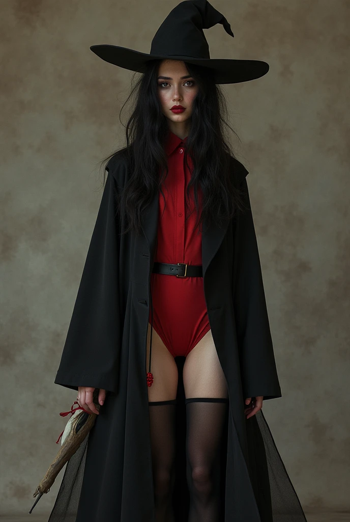 black haired witch and witch hat, of scarce resources, the plan, black stockings, half naked and black suit with red, mostly red