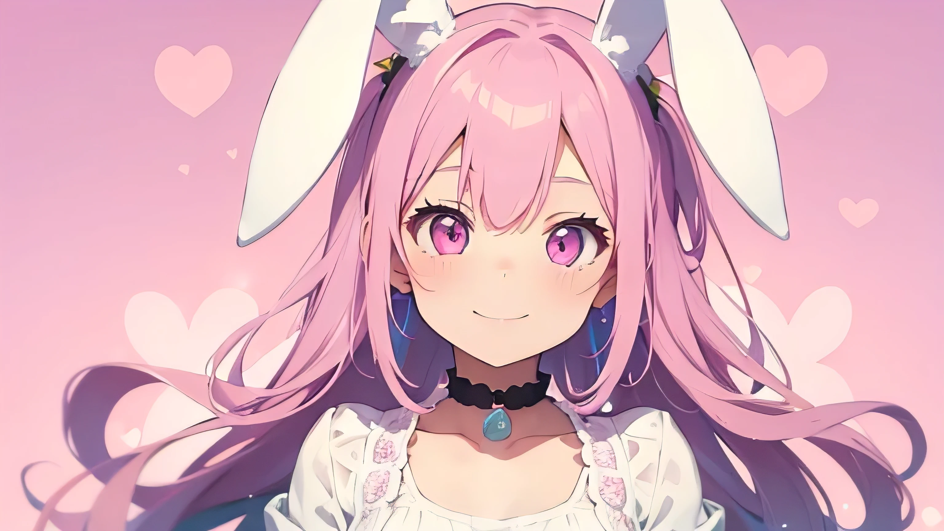 Highest quality, pretty girl, pastel colour, Fluffy bunny ears, smile、Pink Hair,Pink eyes,Background is solid color,pop、colorful,wallpaper style