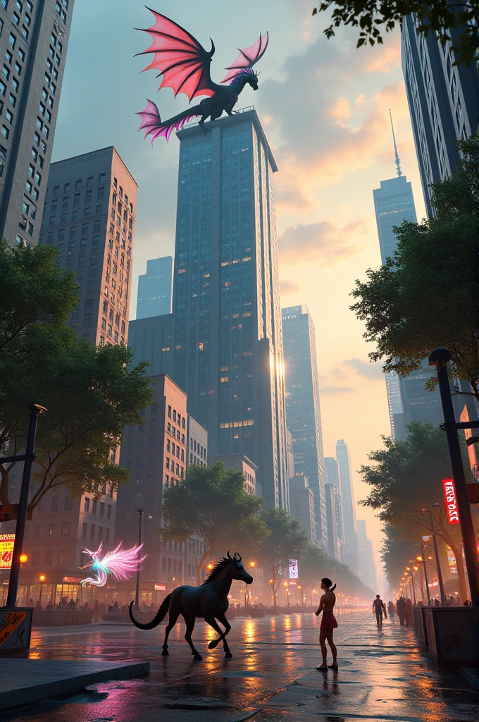 Create a hyper-realistic, ultra-detailed, ultra-HD vertical artwork with 3D perspective and illusions of depth and dimensionality, based on the theme 'Mythical Creatures in Urban Landscapes.' The scene features a blend of ancient mythical beings integrated into a bustling modern cityscape. At the center stands a majestic dragon perched atop a skyscraper, its scales shimmering with iridescent colors in the city lights. The dragon’s wings are partially spread, casting intricate shadows over the building's facade. Below, the streets are alive with people and cars, unfazed by the fantastical presence above. In the foreground, a centaur trots across a busy intersection, its muscular body adorned with urban accessories like a messenger bag and sunglasses. The centaur’s hooves clatter on the pavement, creating a striking contrast with the modern environment. Nearby, fairies with glowing wings hover around a city park’s fountain, their light reflecting off the water and creating mesmerizing patterns. The background is filled with towering buildings, their glass windows reflecting the magical creatures and adding depth and complexity. A griffin soars between skyscrapers, its wings creating gusts of wind that ripple through the cityscape. Streetlights and billboards illuminate the scene, casting realistic reflections and shadows that enhance the urban atmosphere. The ground level features lush greenery blending with urban elements, where tree roots intertwine with concrete and street art. Pools of rainwater on the pavement mirror the sky and the mythical beings, creating stunning reflections. The lighting dynamics emphasize the blend of natural and artificial light, with the sun setting in the background, casting a warm glow over the city. This artwork captures the essence
