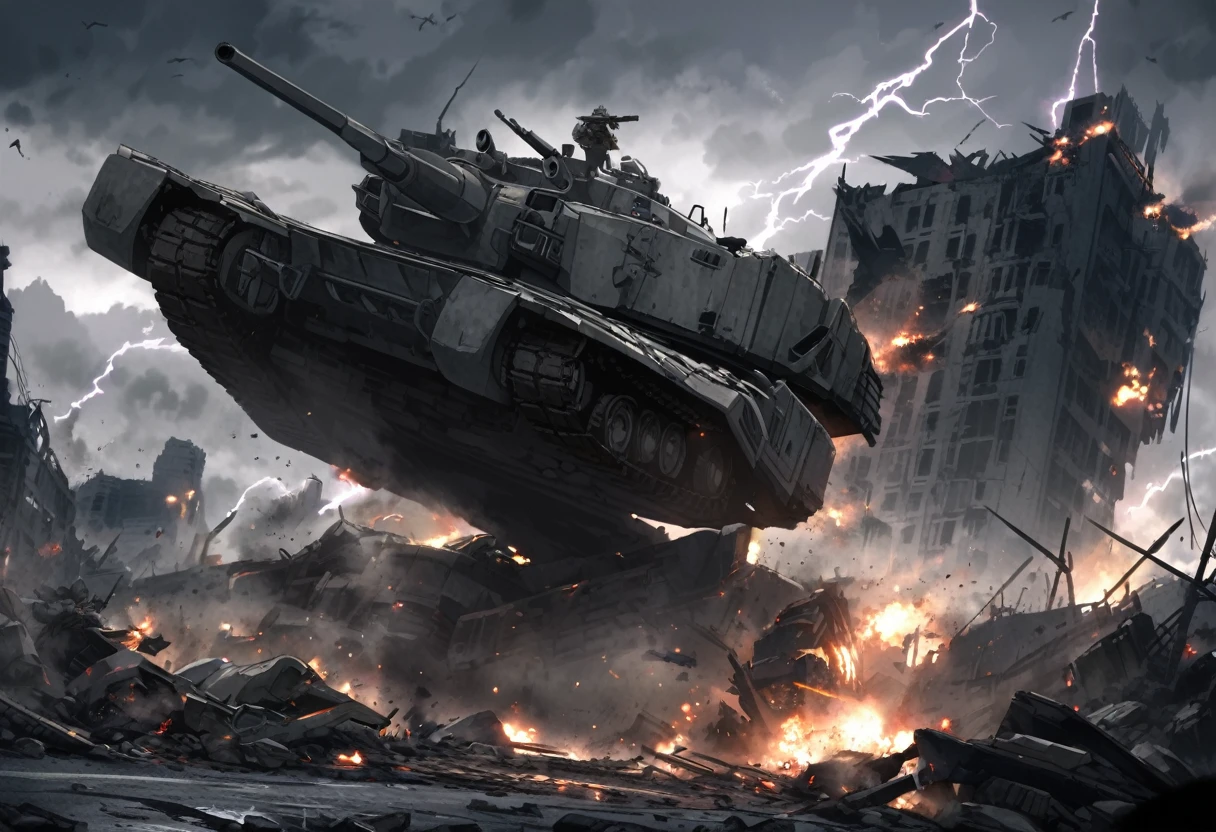 Ruined City、Huge Armored Tank、Gloomy sky、Distant Lightning、Battle Wreckage