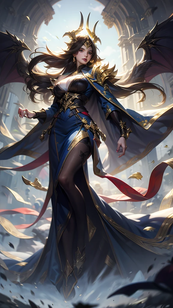 Airship,general,serious,animated woman,long hair shawl,Devil's Horn,black devil wings,Big breasts,All American Body,Wear Sergeant Major Clothing,Wearing a military coat,
