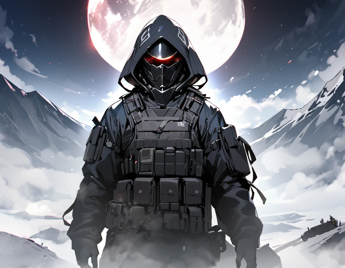 a silhouette picture of a Merkava tank on top of a snowy mountain watches the horizon at night, moon rays, some stars, fog of war, vibrant, Ultra-high resolution, High Contrast, (masterpiece:1.5), highest quality, Best aesthetics), best details, best quality, highres, 16k, [ultra detailed], masterpiece, best quality, (extremely detailed), Hyperrealism style