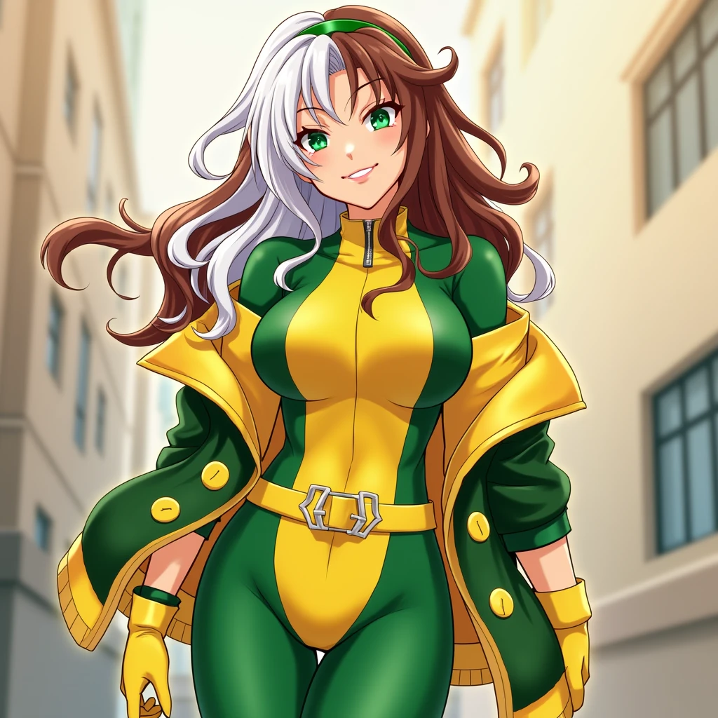 CARTOON_X_MENs_Rogue,ownwaifu, 90s style,
long hair,breasts,brown hair,green eyes,lipstick,makeup,lips,white hair,two-tone hair,headband,wavy hair,large breasts,messy hair,curly hair,big_hair, 
yellow bodysuit,jacket,gloves,belt,yellow gloves,green bodysuit,bodysuit,multicolored bodysuit,superhero, skin tight,multicolored clothes,  1girl, solo, looking at viewer,straight-on, upper body, official art, highres, scenery, (masterpiece:1.1), (best quality,:1.1), (high quality:1.1), (anime screencap:1.2), full body 