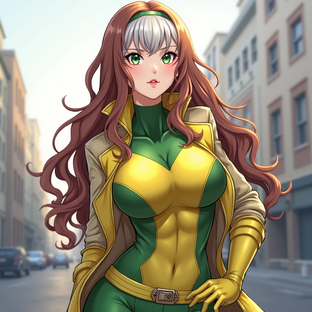 good anatomy, masterpiece, best quality, bokeh, depth of field, highres, high quality, 1girl,
X_MENs_Rogue,ownwaifu,
long hair,breasts,brown hair,green eyes,lipstick,makeup,lips,white hair,two-tone hair,headband,wavy hair,large breasts,messy hair,curly hair,big_hair,
yellow bodysuit,jacket,gloves,belt,yellow gloves,green bodysuit,bodysuit,multicolored bodysuit,superhero, skin tight,multicolored clothes,