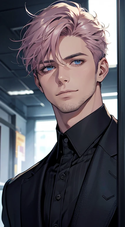 (best quality,4k,8k,highres,masterpiece:1.2),ultra-detailed,(realistic,photorealistic,photo-realistic:1.37),1 man,31 years old,mature man,very handsome,without expression,smile,short grey pink hair,blue eyes,penetrating gaze,perfect face without errors,imposing posture,businessman,office background,cinematic lighting,hdr image