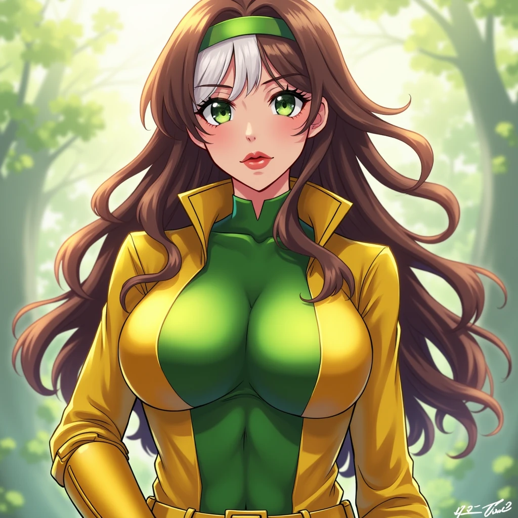 good anatomy, masterpiece, best quality, bokeh, depth of field, highres, high quality, 1girl,
X_MENs_Rogue,ownwaifu,
long hair,breasts,brown hair,green eyes,lipstick,makeup,lips,white hair,two-tone hair,headband,wavy hair,large breasts,messy hair,curly hair,big_hair, 
yellow bodysuit,jacket,gloves,belt,yellow gloves,green bodysuit,bodysuit,multicolored bodysuit,superhero, skin tight,multicolored clothes,  