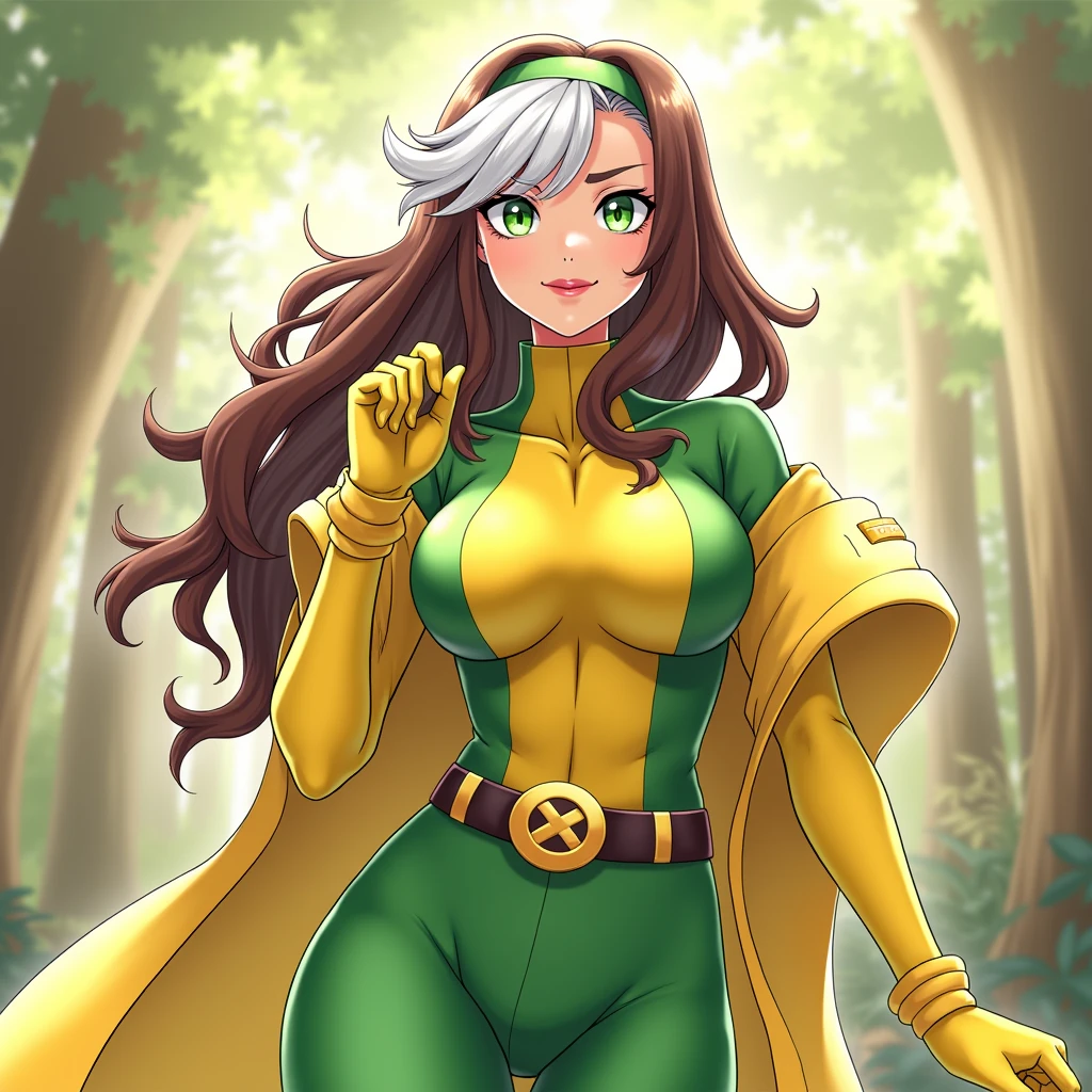 good anatomy, masterpiece, best quality, bokeh, depth of field, highres, high quality, 1girl,
X_MENs_Rogue,ownwaifu,
long hair,breasts,brown hair,green eyes,lipstick,makeup,lips,white hair,two-tone hair,headband,wavy hair,large breasts,messy hair,curly hair,big_hair, 
yellow bodysuit,jacket,gloves,belt,yellow gloves,green bodysuit,bodysuit,multicolored bodysuit,superhero, skin tight,multicolored clothes,  