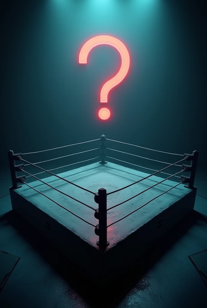 An empty wrestling ring with a question mark