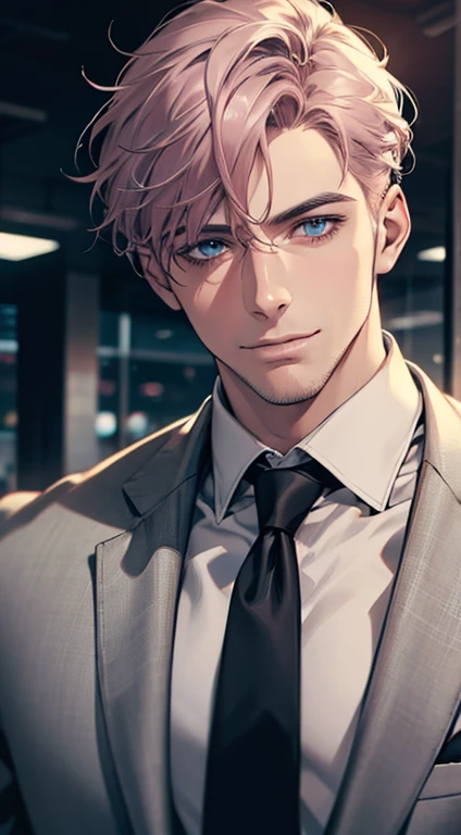 (best quality,4k,8k,highres,masterpiece:1.2),ultra-detailed,(realistic,photorealistic,photo-realistic:1.37),1 man,31 years old,mature man,very handsome,without expression,smile,short grey pink hair,blue eyes,penetrating gaze,perfect face without errors,imposing posture,businessman,office background,cinematic lighting,hdr image