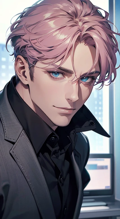 (best quality,4k,8k,highres,masterpiece:1.2),ultra-detailed,(realistic,photorealistic,photo-realistic:1.37),1 man,31 years old,mature man,very handsome,without expression,smile,short grey pink hair,blue eyes,penetrating gaze,perfect face without errors,imposing posture,businessman,office background,cinematic lighting,hdr image