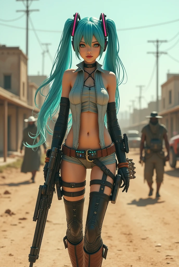 Hatsune Miku cowgirl in an armed confrontation against drug trafficking
