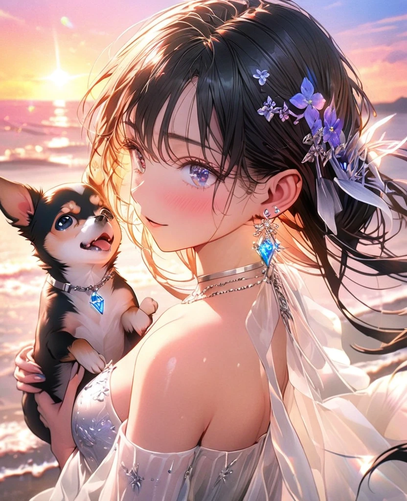8k,Ephemeral beauty,Very delicate and beautiful,Beautiful and realistic skin,Shiny jewel-like tiny earrings,Black Hair、Long and colorful hair,Beautiful Eyes,good,Beautiful sunset、dog(Chihuahua)Play with