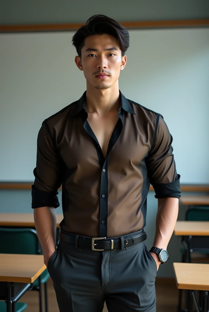 Asian man, 30years old, Handsome and elegant, Wearing a transparent shirt, sexy , Masculine and handsome,musculous,Muscles look good,hairy bodies, with fair skin, 黑The eye(thin eyes 1:3), Full body photo,(ultra-detailed, photorealistic, best quality, 4k, 8k, highres, masterpiece:1.3), a mature man, charming and distinguished , (muscular build body), wearing tailored shiny dress shirt, with the top button casually undone, perfectly fitted charcoal trousers, sweat, unbutton buttons shirt, lewd face ,tight chest, sex,See-through shirt, erotic, horny, look straight, Accessories include a luxury wristwatch, understated cufflinks, and a simple yet elegant leather belt, in the Classroom,looking at viewer,muscle veins,