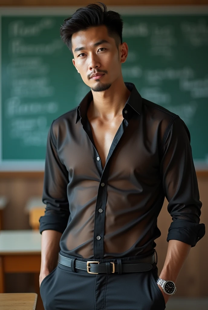 Asian man, 30years old, Handsome and elegant, Wearing a transparent shirt, sexy , Masculine and handsome,musculous,Muscles look good,hairy bodies, with fair skin, 黑The eye(thin eyes 1:3), Full body photo,(ultra-detailed, photorealistic, best quality, 4k, 8k, highres, masterpiece:1.3), a mature man, charming and distinguished , (muscular build body), wearing tailored shiny dress shirt, with the top button casually undone, perfectly fitted charcoal trousers, sweat, unbutton buttons shirt, lewd face ,tight chest, sex,See-through shirt, erotic, horny, look straight, Accessories include a luxury wristwatch, understated cufflinks, and a simple yet elegant leather belt, in the Classroom,looking at viewer,muscle veins,