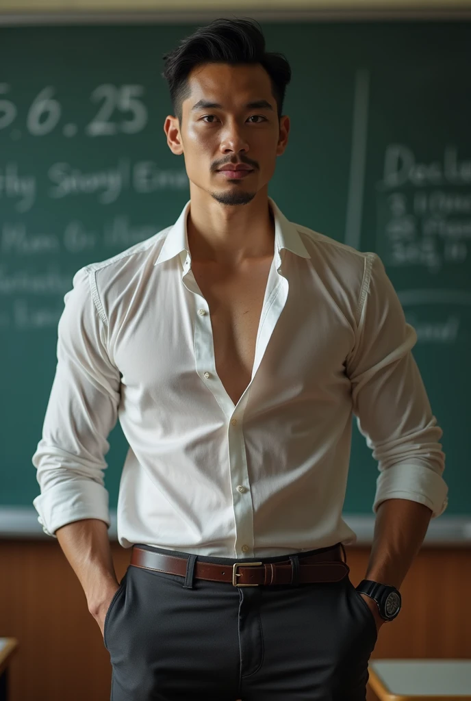 Asian man, 30years old, Handsome and elegant, Wearing a transparent shirt, sexy , Masculine and handsome,musculous,Muscles look good,hairy bodies, with fair skin, 黑The eye(thin eyes 1:3), Full body photo,(ultra-detailed, photorealistic, best quality, 4k, 8k, highres, masterpiece:1.3), a mature man, charming and distinguished , (muscular build body), wearing tailored shiny dress shirt, with the top button casually undone, perfectly fitted charcoal trousers, sweat, unbutton buttons shirt, lewd face ,tight chest, sex,See-through shirt, erotic, horny, look straight, Accessories include a luxury wristwatch, understated cufflinks, and a simple yet elegant leather belt, in the Classroom,looking at viewer,muscle veins,