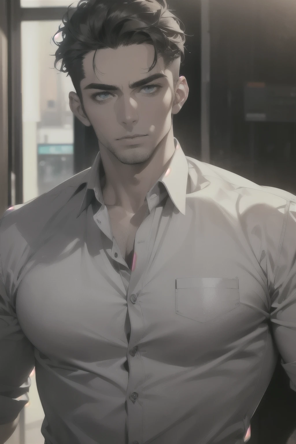 (Best Quality,4k,8k,High resolution,masterpiece:1.2),ultra detailed,(realist,photorealist,photo-realist:1.37),1 man,31 years,mature man,very handsome,muscular,without expresion,barba,short gray black hair,blue eyes,glare,perfect face without mistakes,imposing posture,office background,cinematic lighting,imagen hdr