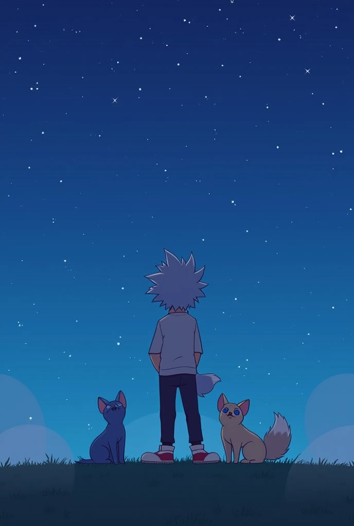 hairy、Adult male、Ultra-HD 4K Fan Art、hairy的、Bright Eyes,hairy的 tail,Slightly sad,Stargazing at night,Canines,Light blue fur,Alone,Wear casual clothing