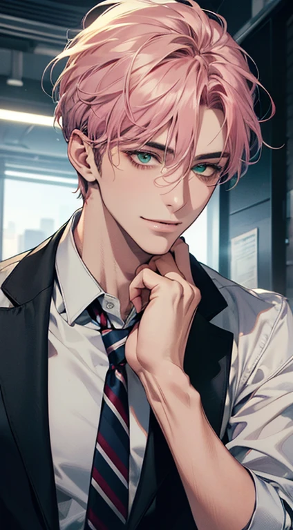 (Highest quality,4K,8K,High resolution,masterpiece:1.2),Super detailed,(Realistic,photoRealistic,photo-Realistic:1.37),1 person,31 years old,Mature Men,Beautiful skin、very handsome,Expressionless smile in love,Short pink hair,green eyes,Sharp Eyes,A perfect face without a doubt,Businessman,Office Background,Cinema Lighting,HDR image,tie、
