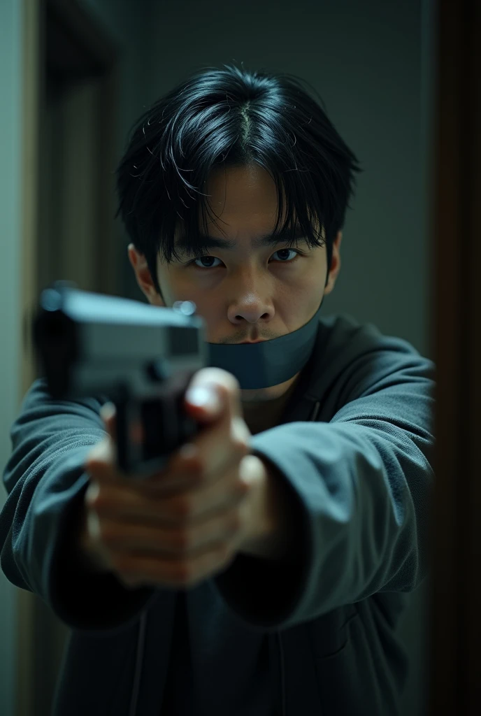 Handsome Japanese man held at gunpoint by kidnapper and gagged with duct tape