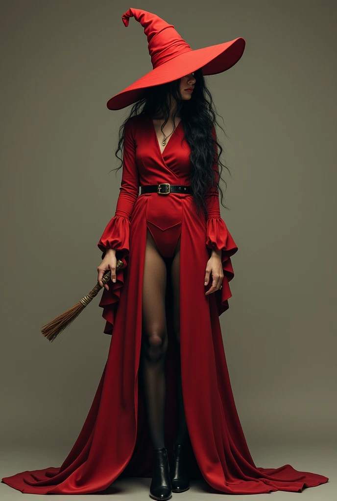 black haired witch and witch hat, of scarce resources, the plan, black stockings, nude and mostly red suit