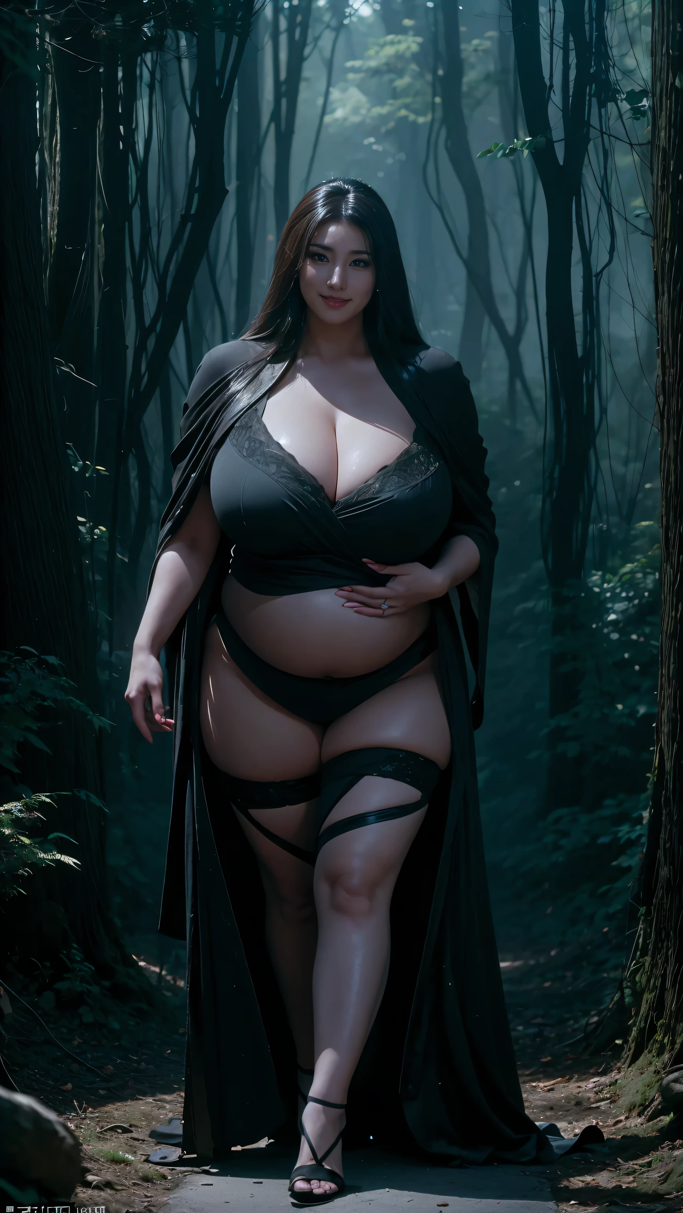 Beautiful middle-aged woman in a gray robe standing in a dark forest, Magnificent style, Octane Rendering, Desert Composition, Beautiful Face, Surreal, Oil on canvas, Award-winning, masterpiece, Trending on Art Station, Studio Ghibli、High heels、Full body portrait、The whole body is projected, (A sadistic smile of temptation), (Curvaceous), ( 信じられないほど大きくてCurvaceousのあるヒップ), (Incredibly thick thighs), (Shining skin), (Wet oily skin), Plus Size Model,Fat pregnant woman、Thick waist、Face of a middle-aged woman with a plump body、Beautiful expression、Big Belly、A 55-year-old pregnant middle-aged woman,