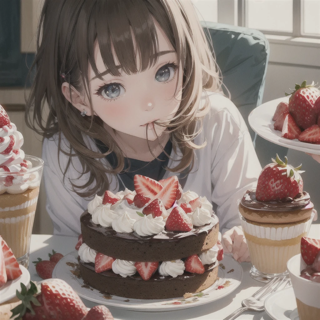 A picture of a girl eating a cake with strawberries, artwork in the style of Gweitz, by Hikari Shimoda, inspired by Hikari Shimoda, Gweitz on artstation pixiv, Gweitz on pixiv artstation, Gweitz, Gweitz masterpiece, Beeple and Jeremiah Kettner, Eat cake, By Chen Yanjun