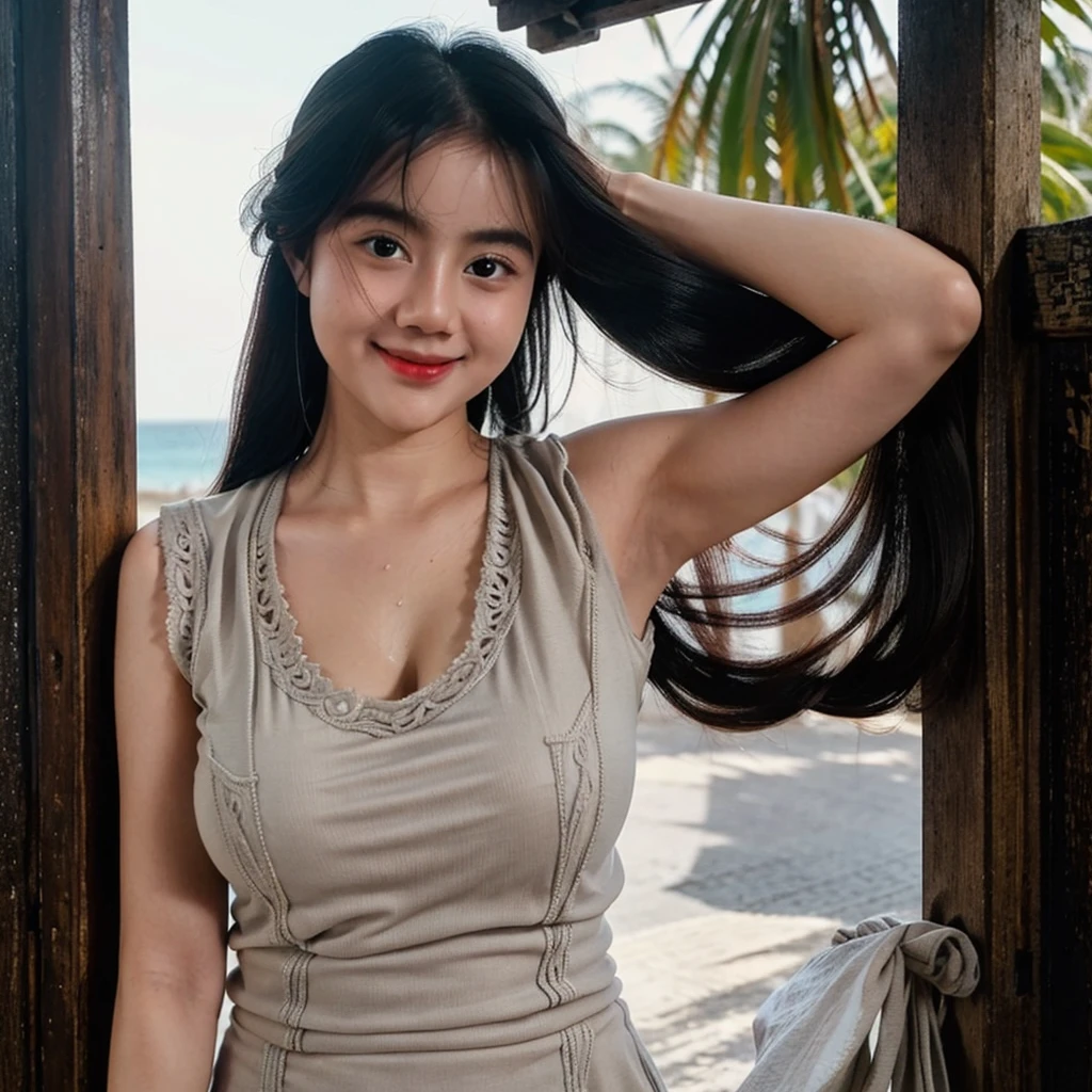 Beautiful, Cute, , 20 Years Old, White Skin, Sleeveless, Cleavage, Sweaty Neck, Dripping Sweat, Excessive Sweating, Sweaty Shower, profuse sweat, sweat dripping down the neck, sweaty neck, oily neck, oil covered, Long Neck , Big Breasts, Huge Breasts, super big breasts, giant breasts, kebaya clothes, Balinese Kebaya, Balinese Motifs, Bali Beach Background, Bali Island, Black Hair, Long Hair, Back Hair, Smiling Mouth, Masterpiece, Adorable, Beautiful Big Eyes, Dramatic Vintage Lighting, HDR, Fish Gaping Selfie