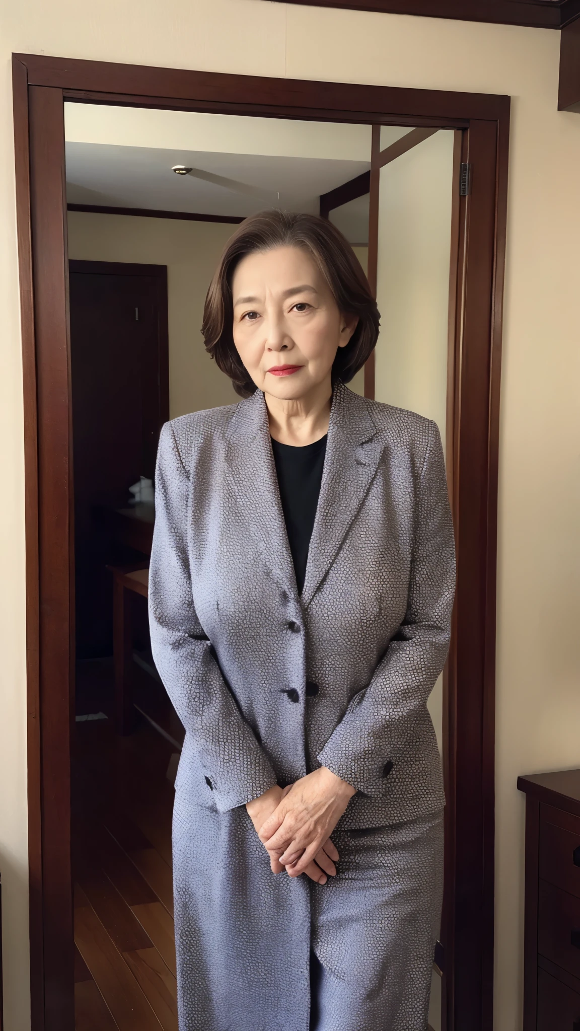 masterpiece, ((Depth of written boundary)), 32K, Beautiful finish, Big Breasts, Beautiful mature woman, 80 years old, Photo of your ID, spouse, View from the front, Long face, A disdainful look, Cool look, Red lips, Thin lips, A dress that fits perfectly, suit, Remove Background, Light from the front,
