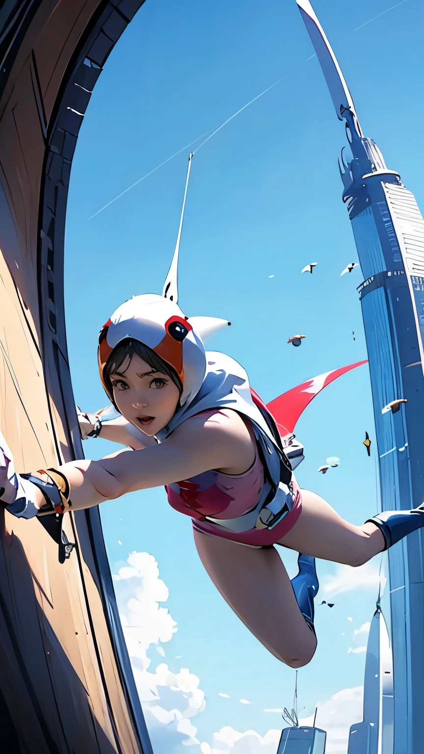 from below、years_CLASSIC_Jun Gatchaman_Own Wife、First Half、Close-up of face、sky diving、Vertical drop from head、background、Future City。
