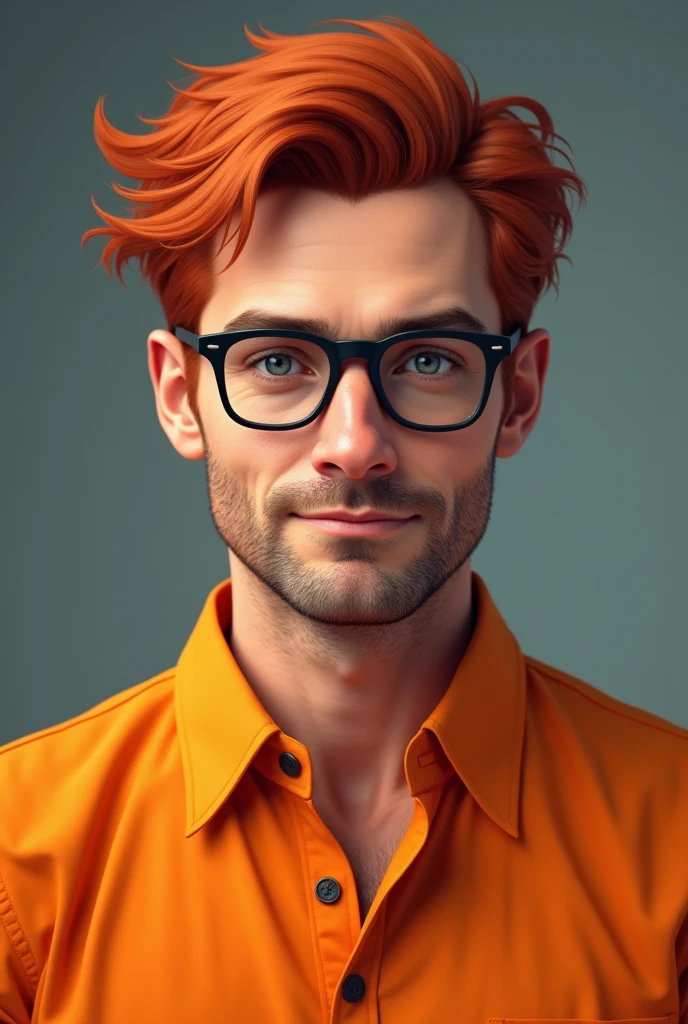A 39 year old man with red hair and with grey eyes wearing orange shirt wearing glasses